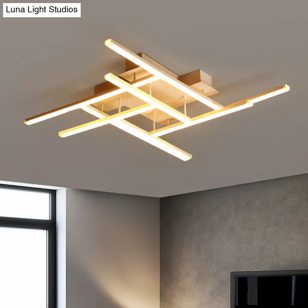 Sleek Gold Finish Led Semi Flush Mounted Ceiling Light With Criss-Cross Metal Detail