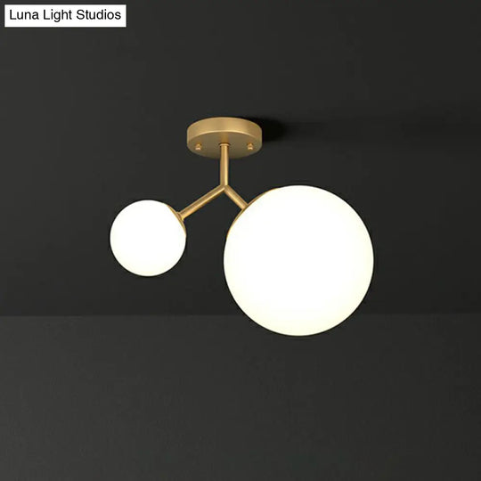 Sleek Gold Semi Flush Mount Ceiling Light With Minimalist Milky Glass - 2-Head Flushmount Lighting /