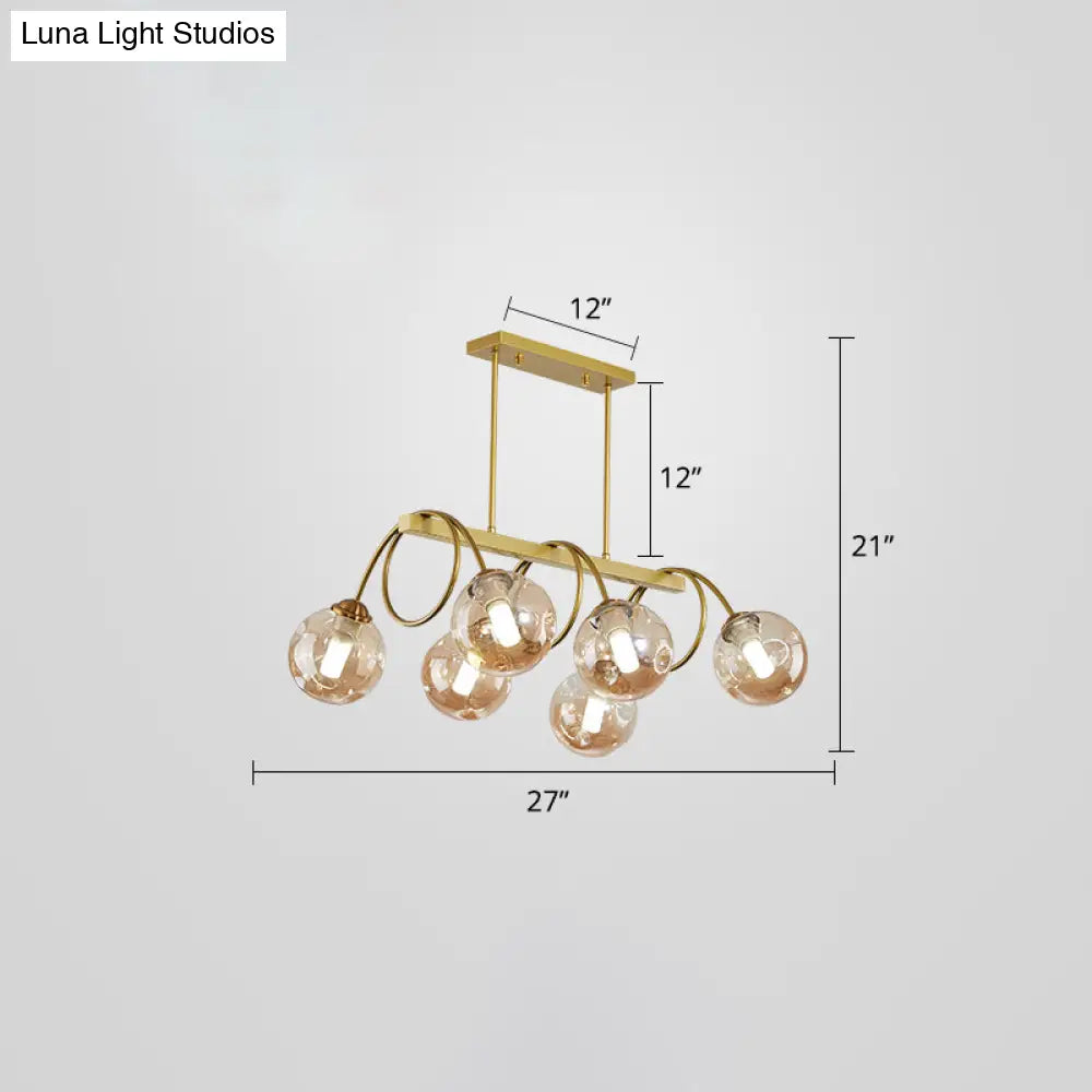 Sleek Gold Spiral Island Light - Post-Modern Metal Ceiling Hang Lamp With Ball Glass Shade