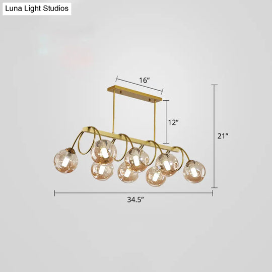 Sleek Gold Spiral Island Light - Post-Modern Metal Ceiling Hang Lamp With Ball Glass Shade