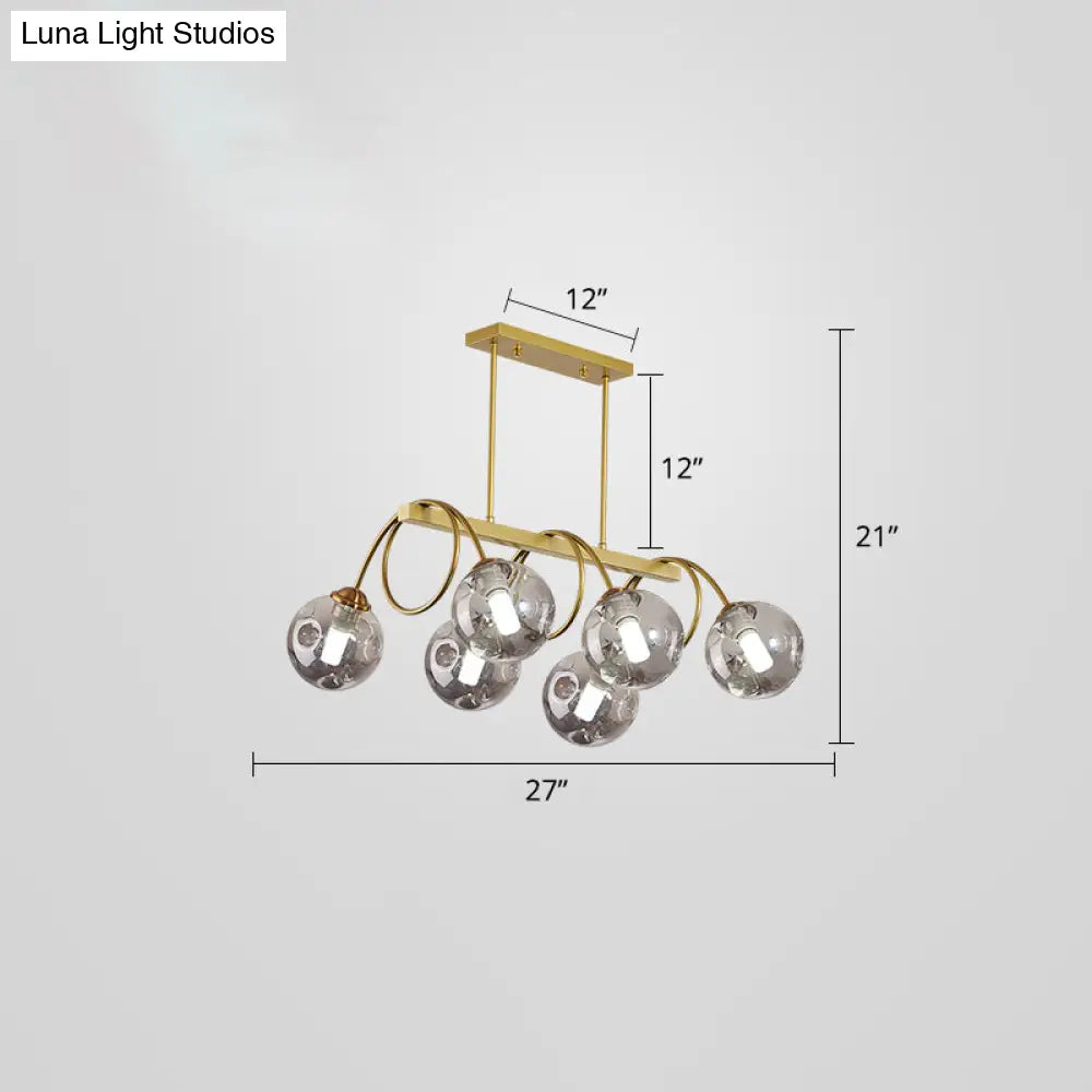 Sleek Gold Spiral Island Light - Post-Modern Metal Ceiling Hang Lamp With Ball Glass Shade