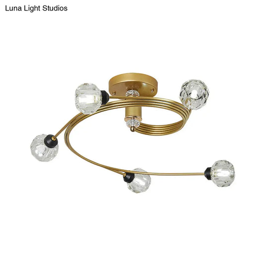 Sleek Gold Spiral Semi Flush Ceiling Light - Nordic Style With 3/5 Lights & Clear/Milk/White Glass