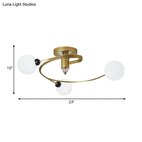Gold Spiral Semi Flush Nordic Ceiling Light With Clear/Milk/White Glass Shades - 3/5 Lights