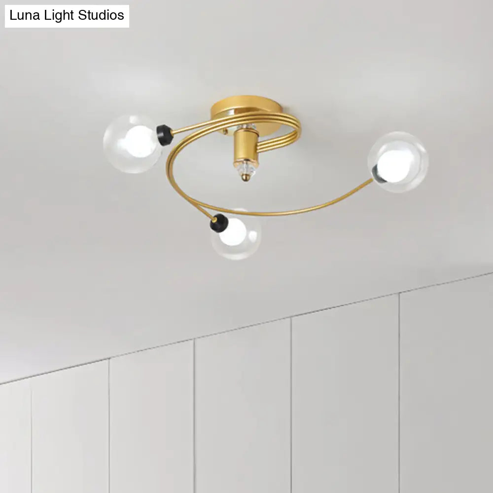 Gold Spiral Semi Flush Nordic Ceiling Light With Clear/Milk/White Glass Shades - 3/5 Lights 3 /