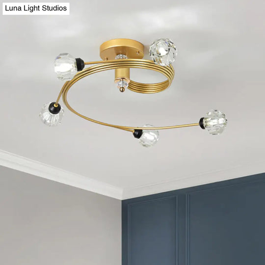 Gold Spiral Semi Flush Nordic Ceiling Light With Clear/Milk/White Glass Shades - 3/5 Lights 5 /