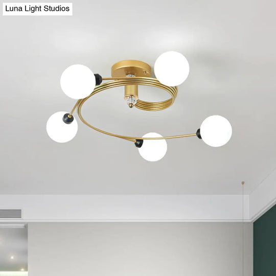 Gold Spiral Semi Flush Nordic Ceiling Light With Clear/Milk/White Glass Shades - 3/5 Lights