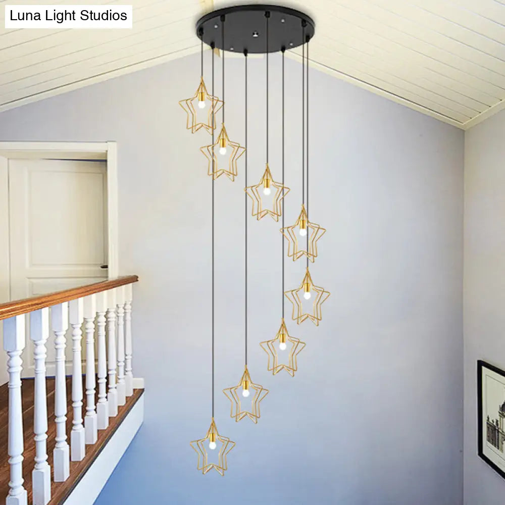 Sleek Gold Spiral Star Ceiling Lamp - 8-Bulb Metallic Suspension Light Fixture For Entryway