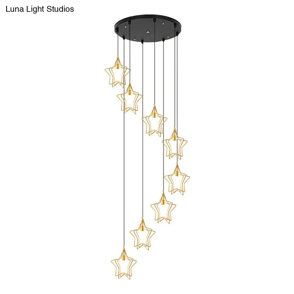 Sleek Gold Spiral Star Multi Ceiling Lamp - 8-Bulb Metallic Suspension Fixture For Entryway