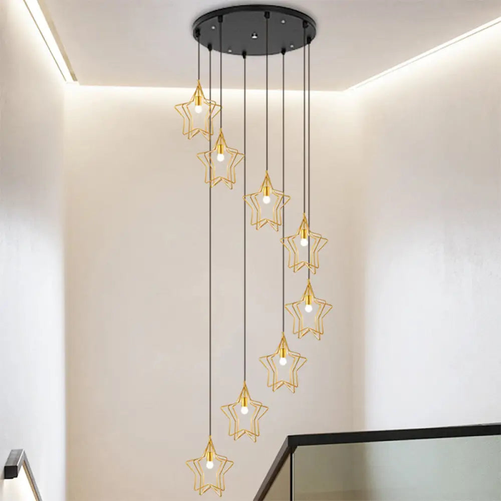 Sleek Gold Spiral Star Multi Ceiling Lamp - 8-Bulb Metallic Suspension Fixture For Entryway