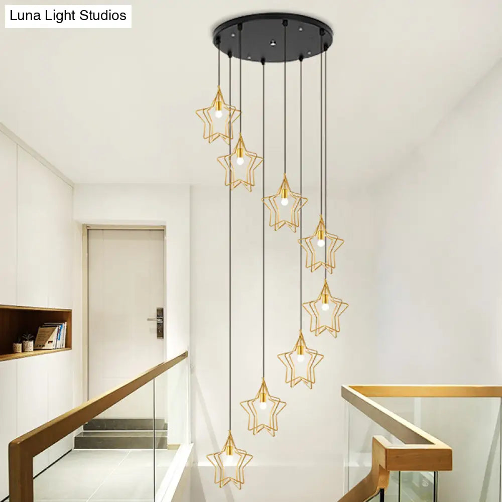 Sleek Gold Spiral Star Multi Ceiling Lamp - 8-Bulb Metallic Suspension Fixture For Entryway