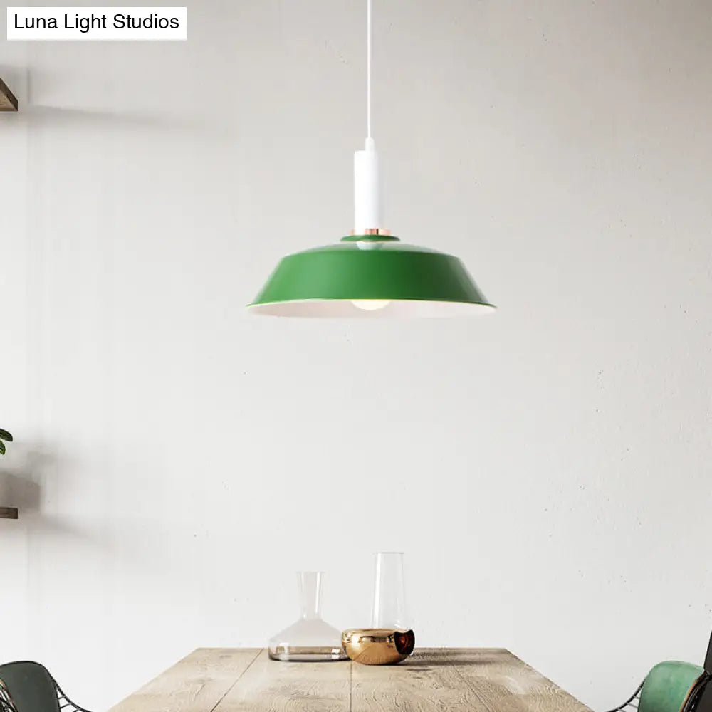 Sleek Green Barn Suspended Light: Modernist Metallic Living Room Hanging Lamp