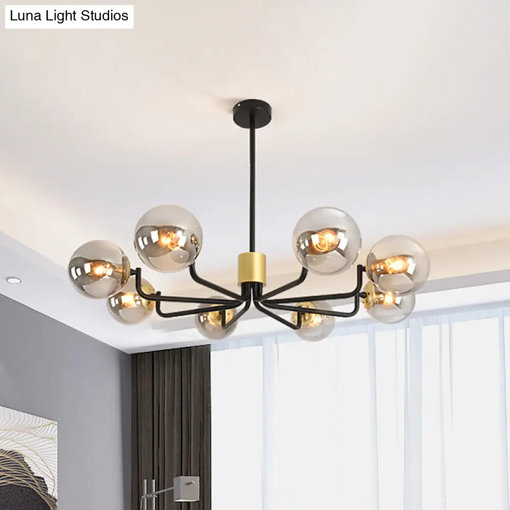 Sleek Grey Glass Spherical Suspension Light - Post Modern 8-Head Brass & Black Chandelier With