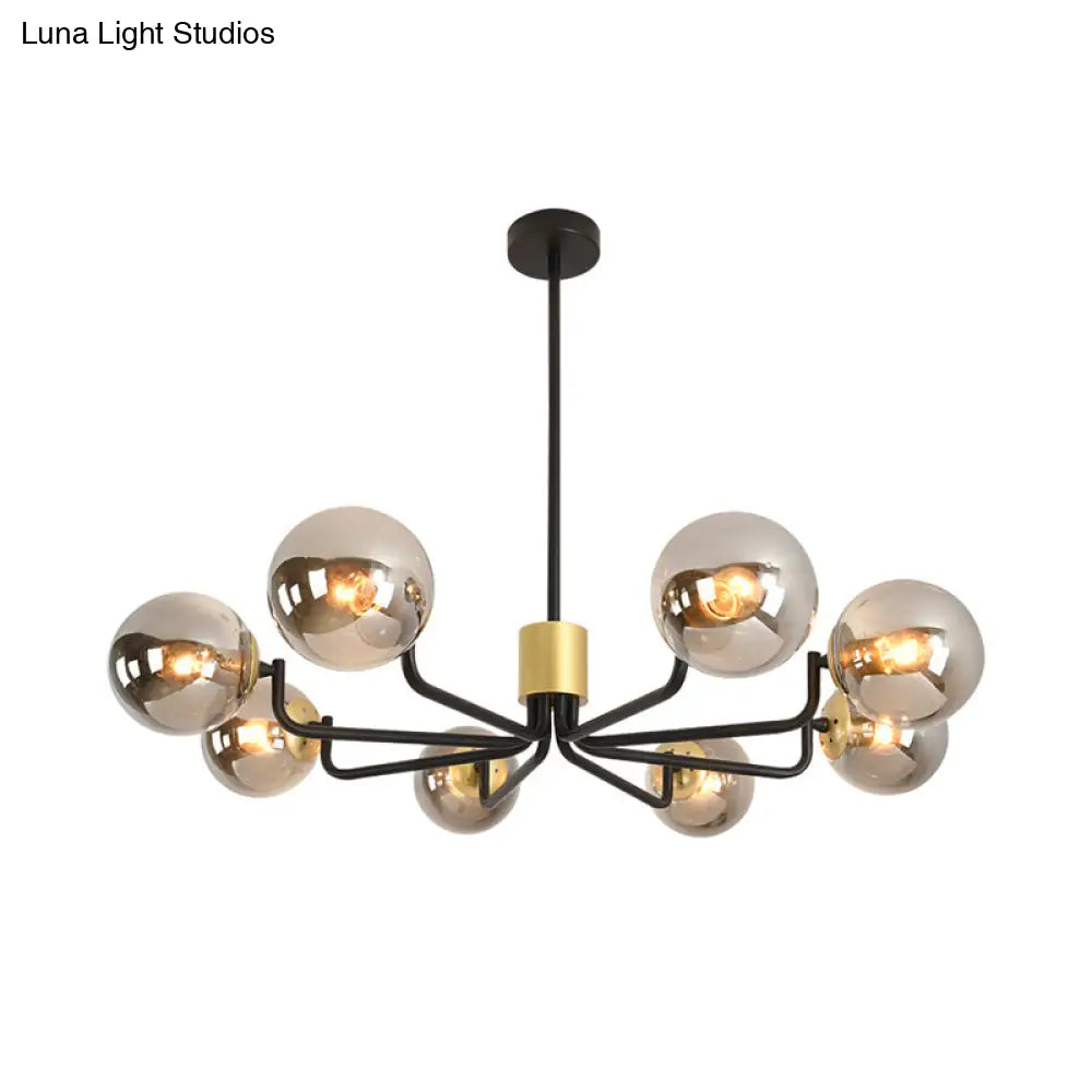 Sleek Grey Glass Spherical Suspension Light - Post Modern 8-Head Brass & Black Chandelier With