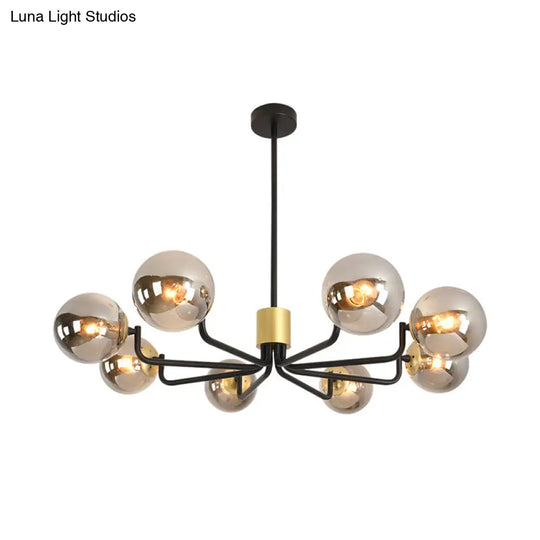 Sleek Grey Glass Spherical Suspension Light - Post Modern 8-Head Brass & Black Chandelier With