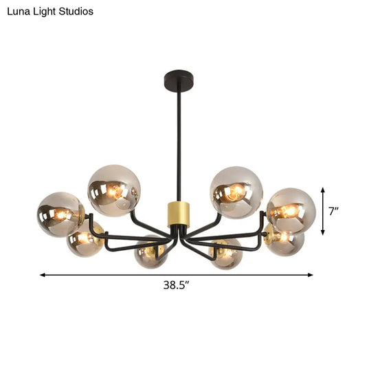 Modern 8-Head Brass And Black Chandelier With Grey Glass Spherical Suspension Radial Design