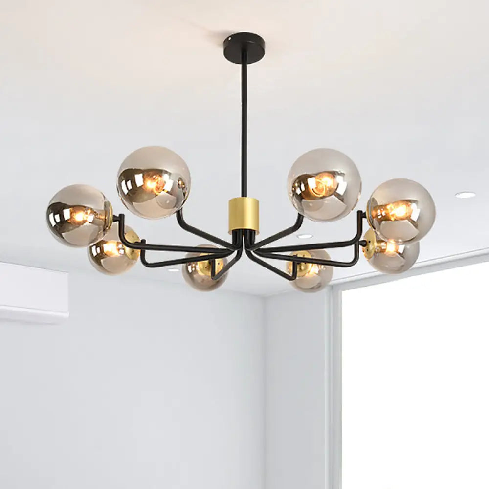 Sleek Grey Glass Spherical Suspension Light - Post Modern 8-Head Brass & Black Chandelier With