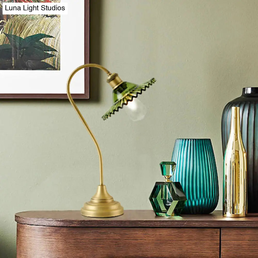 Sleek Grey/Green Ribbed Glass Brass Table Light With Curved Arm - Perfect Night Lighting Solution