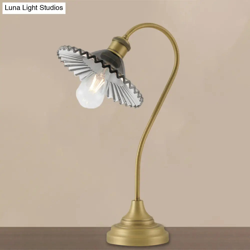 Sleek Grey/Green Ribbed Glass Brass Table Light With Curved Arm - Perfect Night Lighting Solution