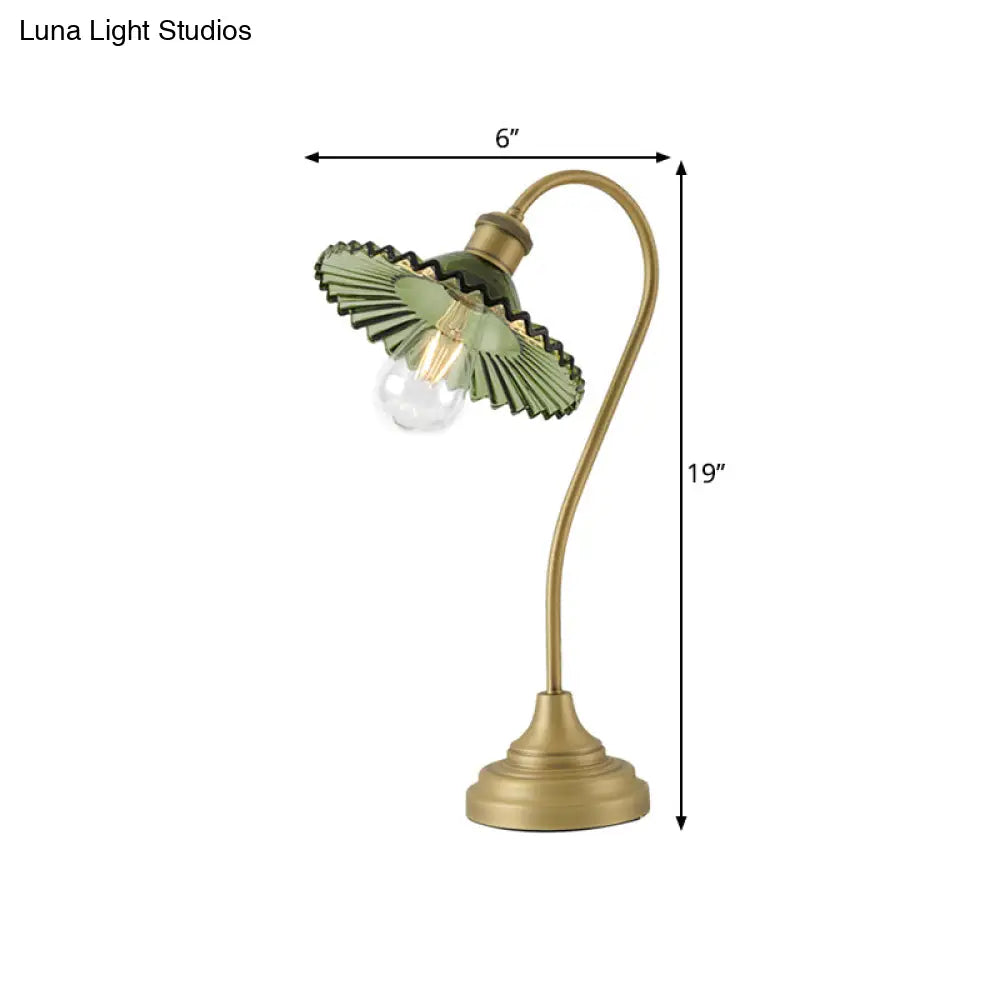 Sleek Grey/Green Ribbed Glass Brass Table Light With Curved Arm - Perfect Night Lighting Solution