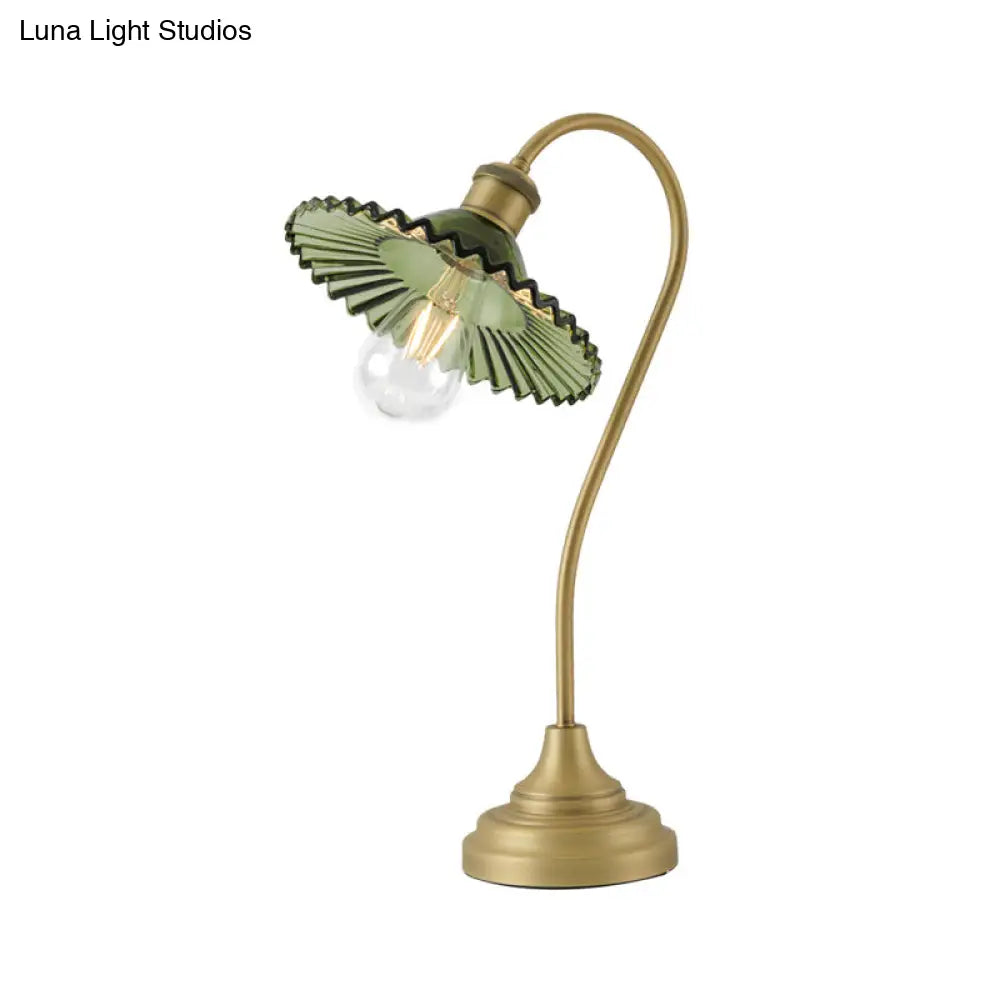 Sleek Grey/Green Ribbed Glass Brass Table Light With Curved Arm - Perfect Night Lighting Solution