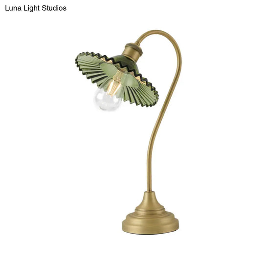 Sleek Grey/Green Ribbed Glass Brass Table Light With Curved Arm - Perfect Night Lighting Solution