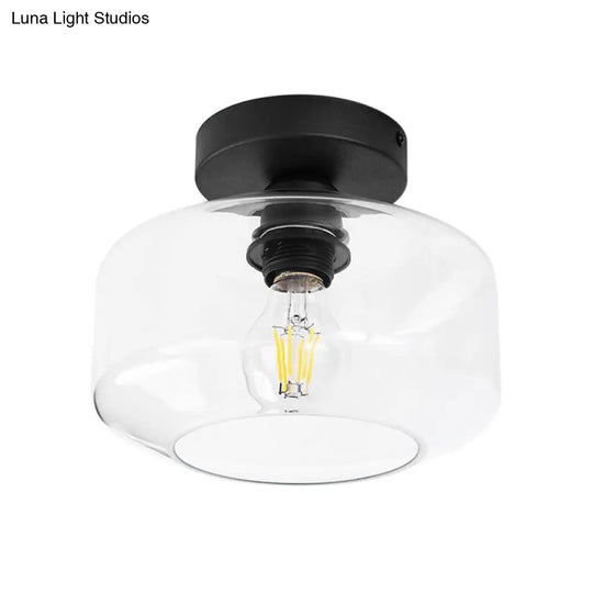 Sleek Industrial Drum Shade Semi Flush Light In Black With Clear/Amber Glass Perfect For Foyer
