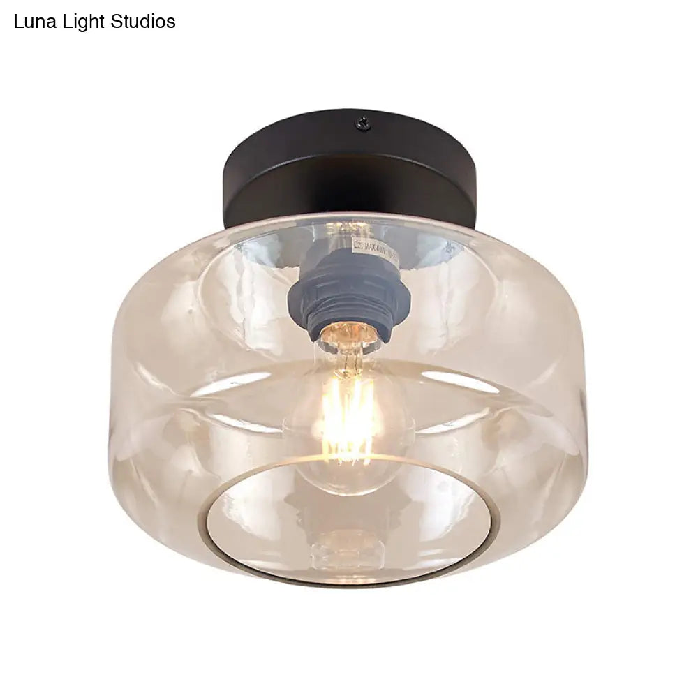 Sleek Industrial Drum Shade Semi Flush Light In Black With Clear/Amber Glass – Perfect For Foyer