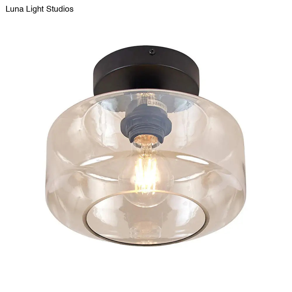 Sleek Industrial Drum Shade Semi Flush Light In Black With Clear/Amber Glass Perfect For Foyer