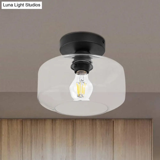 Sleek Industrial Drum Shade Semi Flush Light In Black With Clear/Amber Glass – Perfect For Foyer