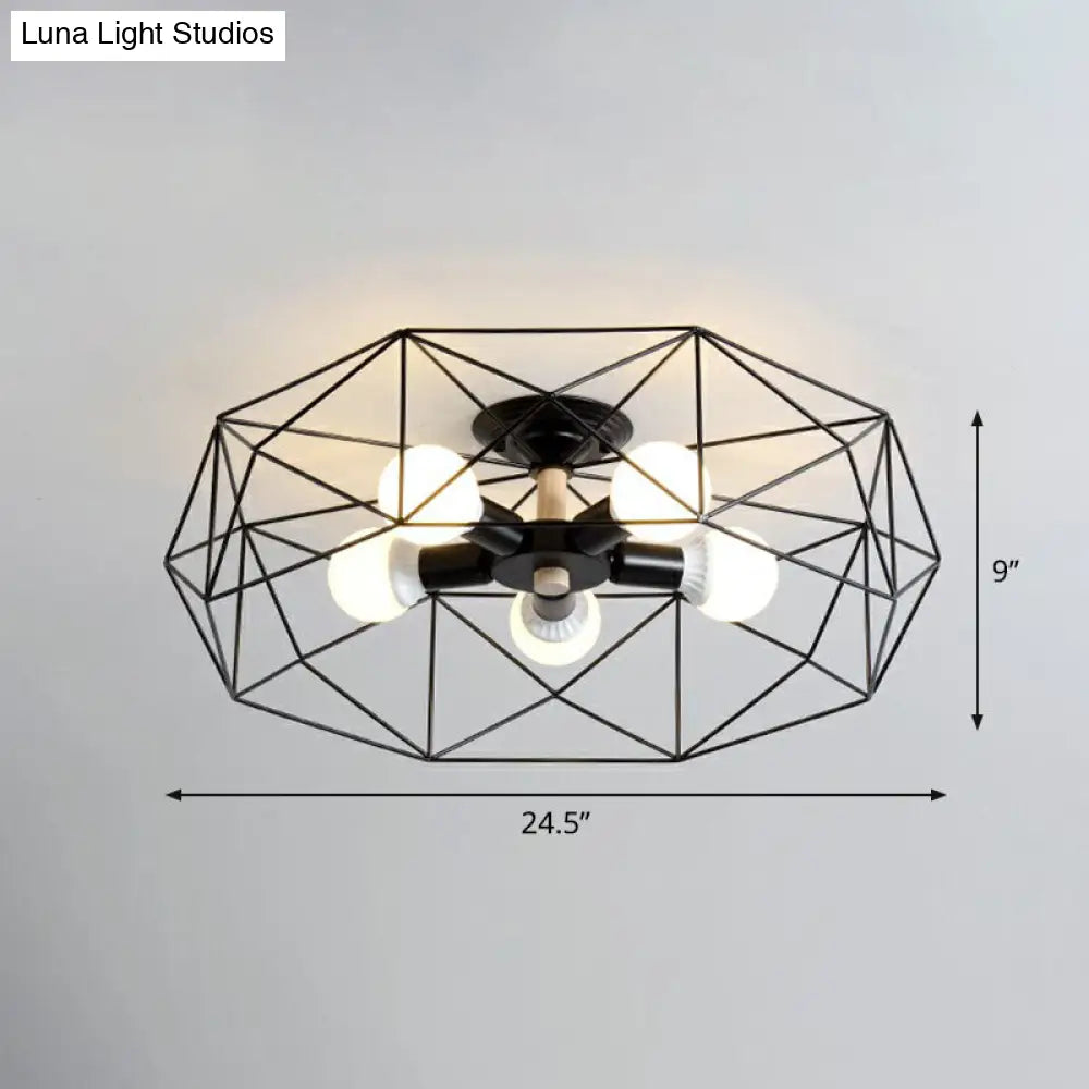 Sleek Industrial Iron Flushmount Ceiling Light: Fan Cage Semi Flush For Living Room 5 / Black