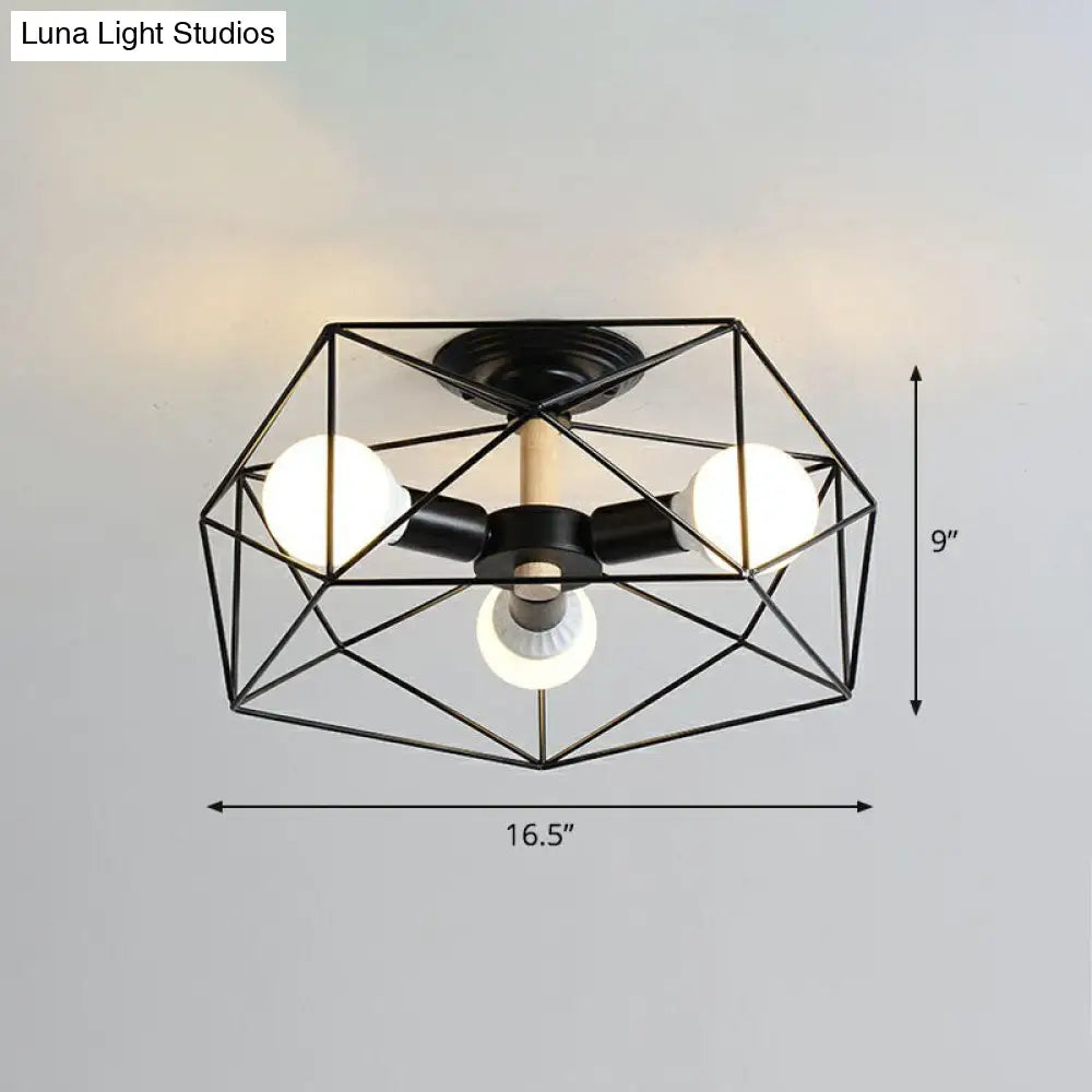 Sleek Industrial Iron Flushmount Ceiling Light: Fan Cage Semi Flush For Living Room 3 / Black