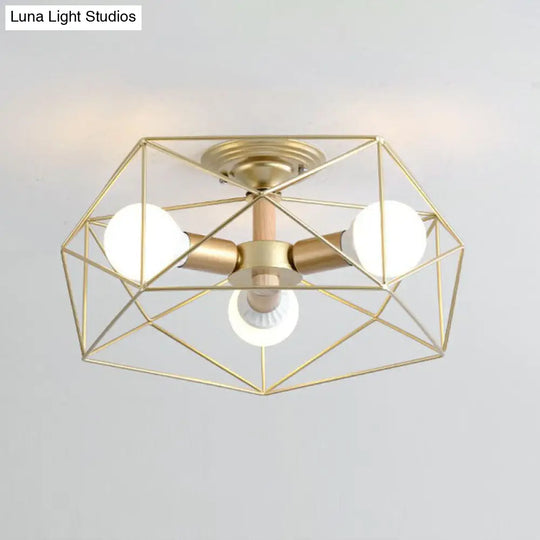 Sleek Industrial Iron Flushmount Ceiling Light: Fan Cage Semi Flush For Living Room 3 / Gold