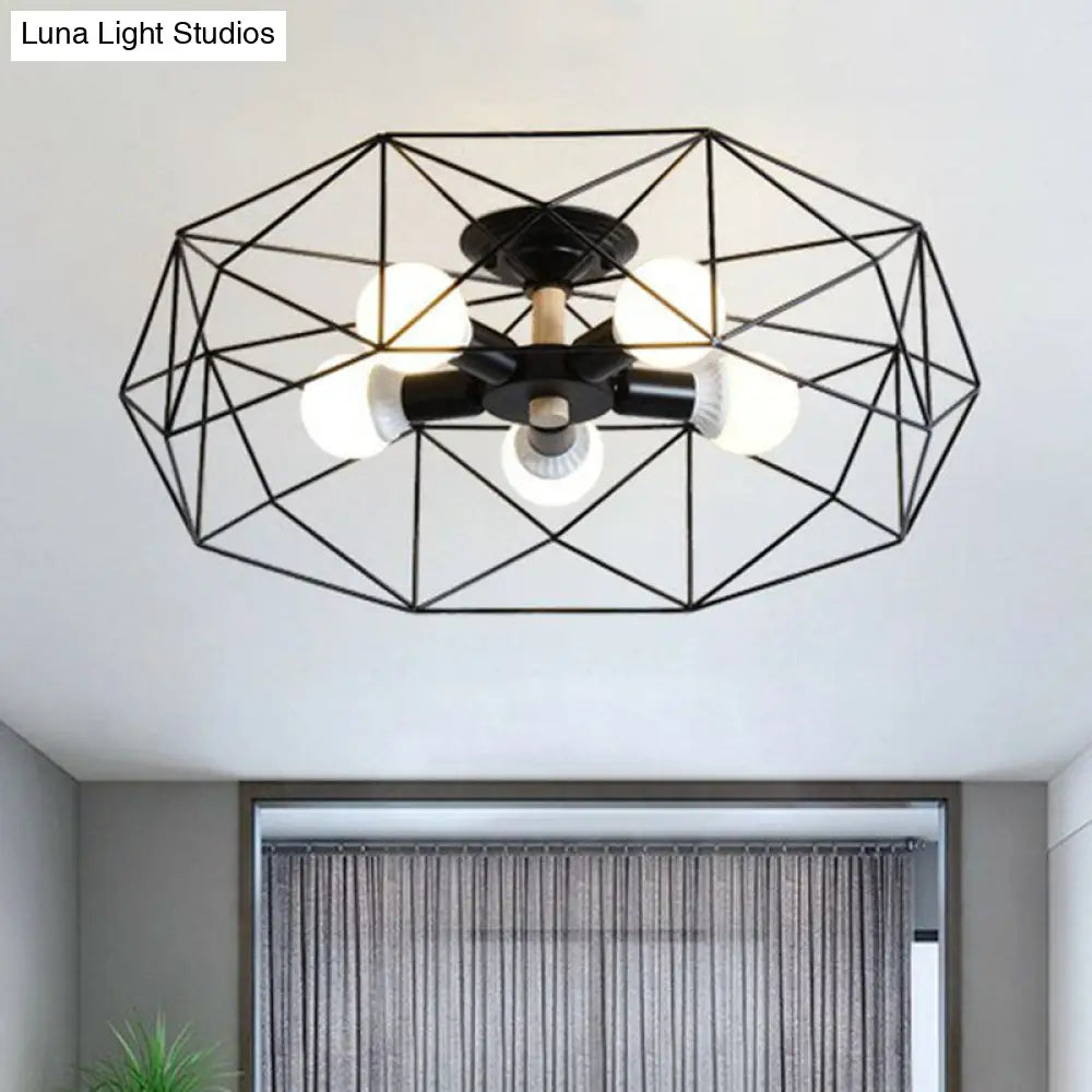 Sleek Industrial Iron Flushmount Ceiling Light: Fan Cage Semi Flush For Living Room