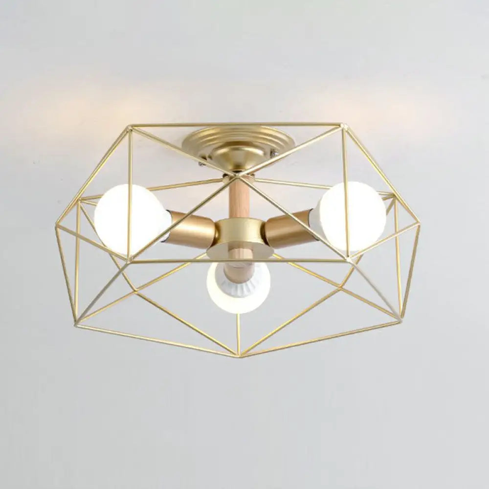 Sleek Industrial Iron Flushmount Ceiling Light: Fan Cage Semi Flush For Living Room 3 / Gold