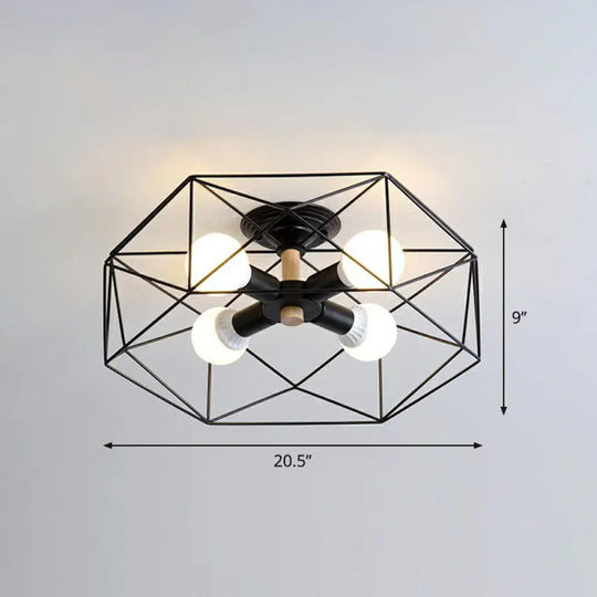 Sleek Industrial Iron Flushmount Ceiling Light: Fan Cage Semi Flush For Living Room 4 / Black