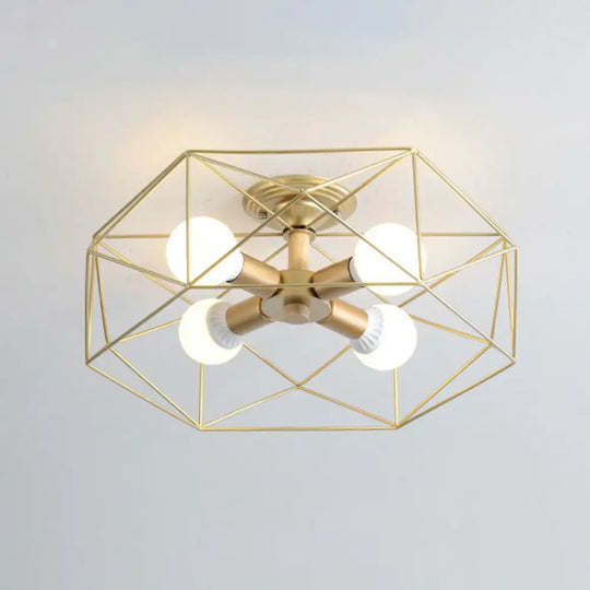 Sleek Industrial Iron Flushmount Ceiling Light: Fan Cage Semi Flush For Living Room 4 / Gold