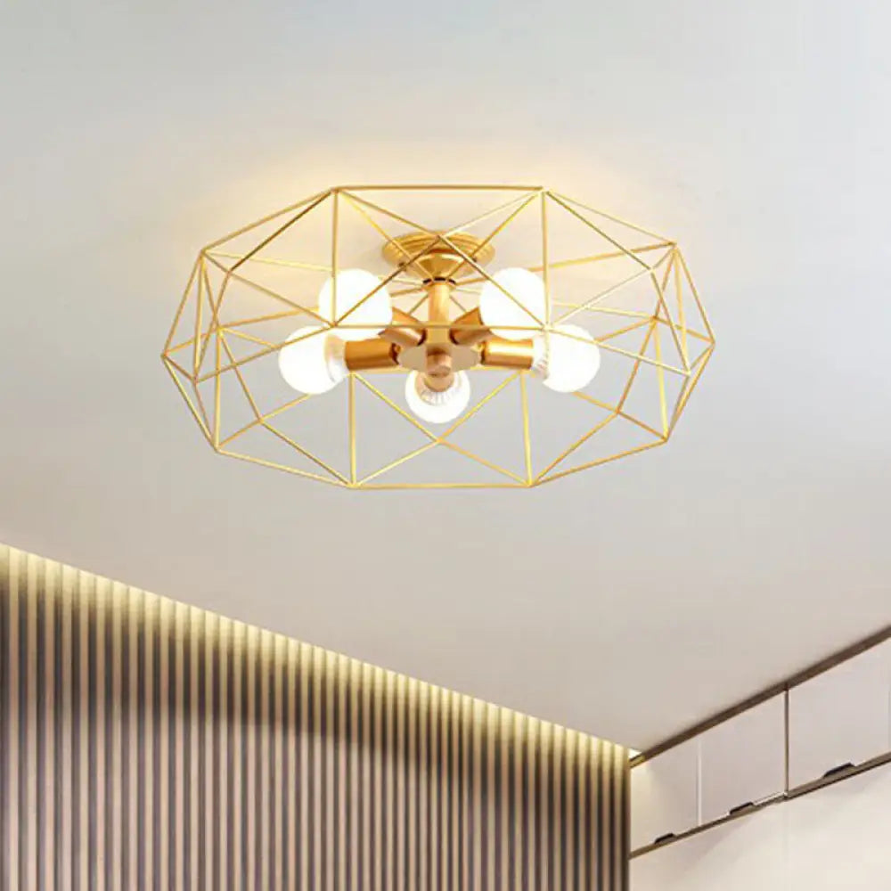 Sleek Industrial Iron Flushmount Ceiling Light: Fan Cage Semi Flush For Living Room 5 / Gold