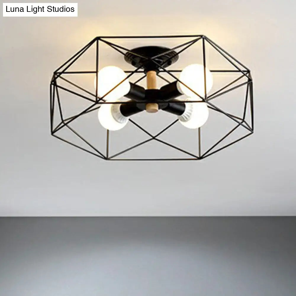 Sleek Industrial Iron Flushmount Ceiling Light: Fan Cage Semi Flush For Living Room
