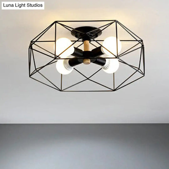 Sleek Industrial Iron Flushmount Ceiling Light: Fan Cage Semi Flush For Living Room