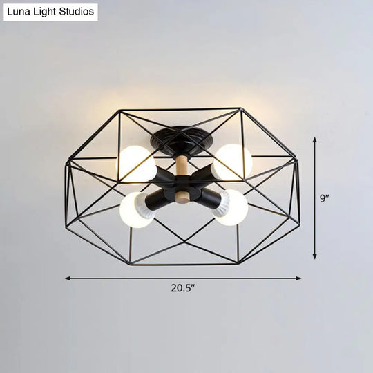 Sleek Industrial Iron Flushmount Ceiling Light: Fan Cage Semi Flush For Living Room 4 / Black