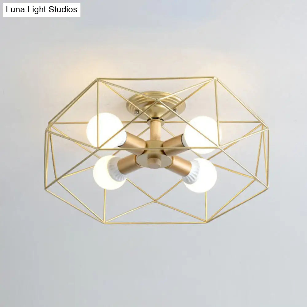 Sleek Industrial Iron Flushmount Ceiling Light: Fan Cage Semi Flush For Living Room 4 / Gold