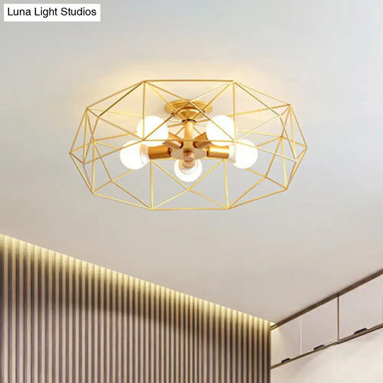 Sleek Industrial Iron Flushmount Ceiling Light: Fan Cage Semi Flush For Living Room 5 / Gold