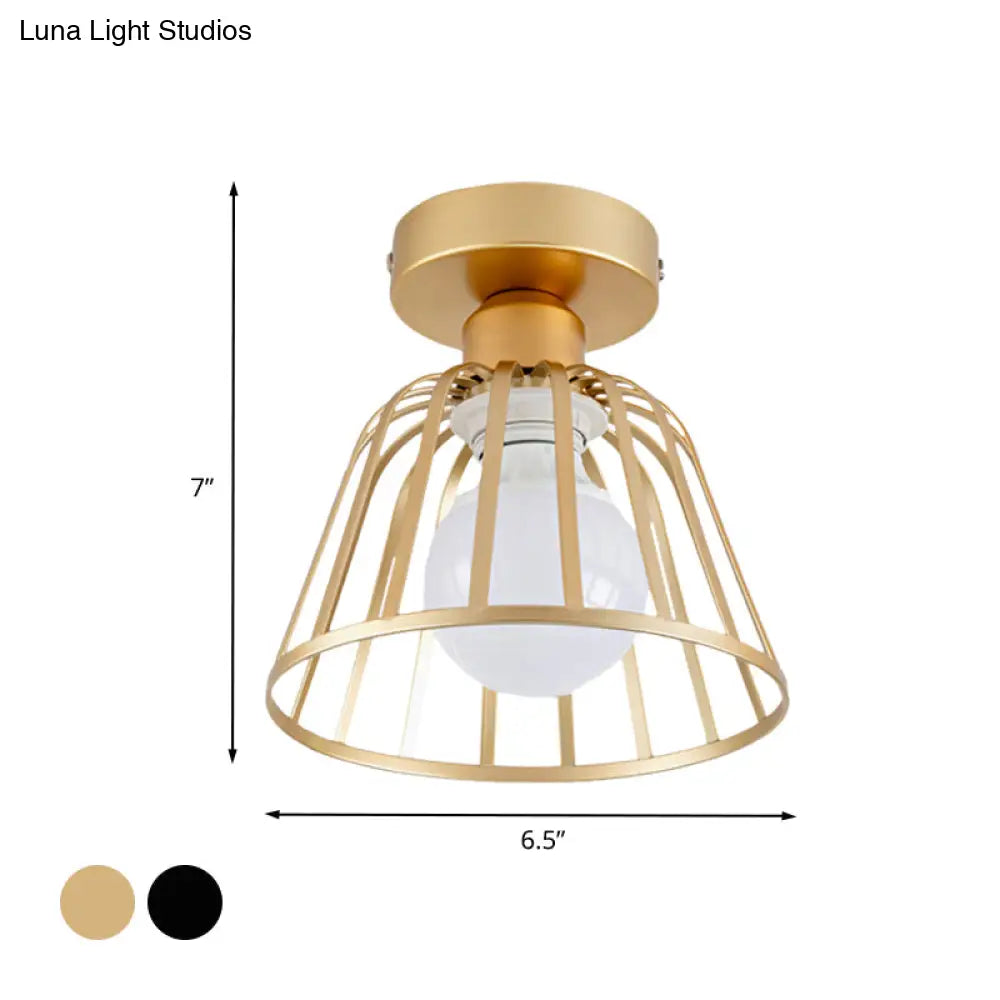 Sleek Iron Bowl Cage Semi Flush Light Fixture - Black/Gold Finish