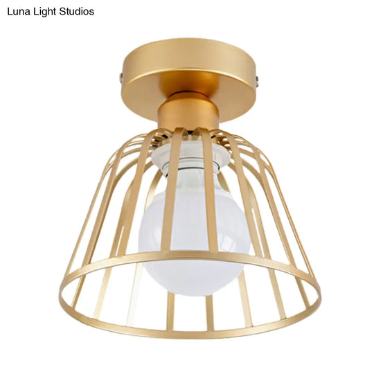 Sleek Iron Bowl Cage Semi Flush Light Fixture - Black/Gold Finish