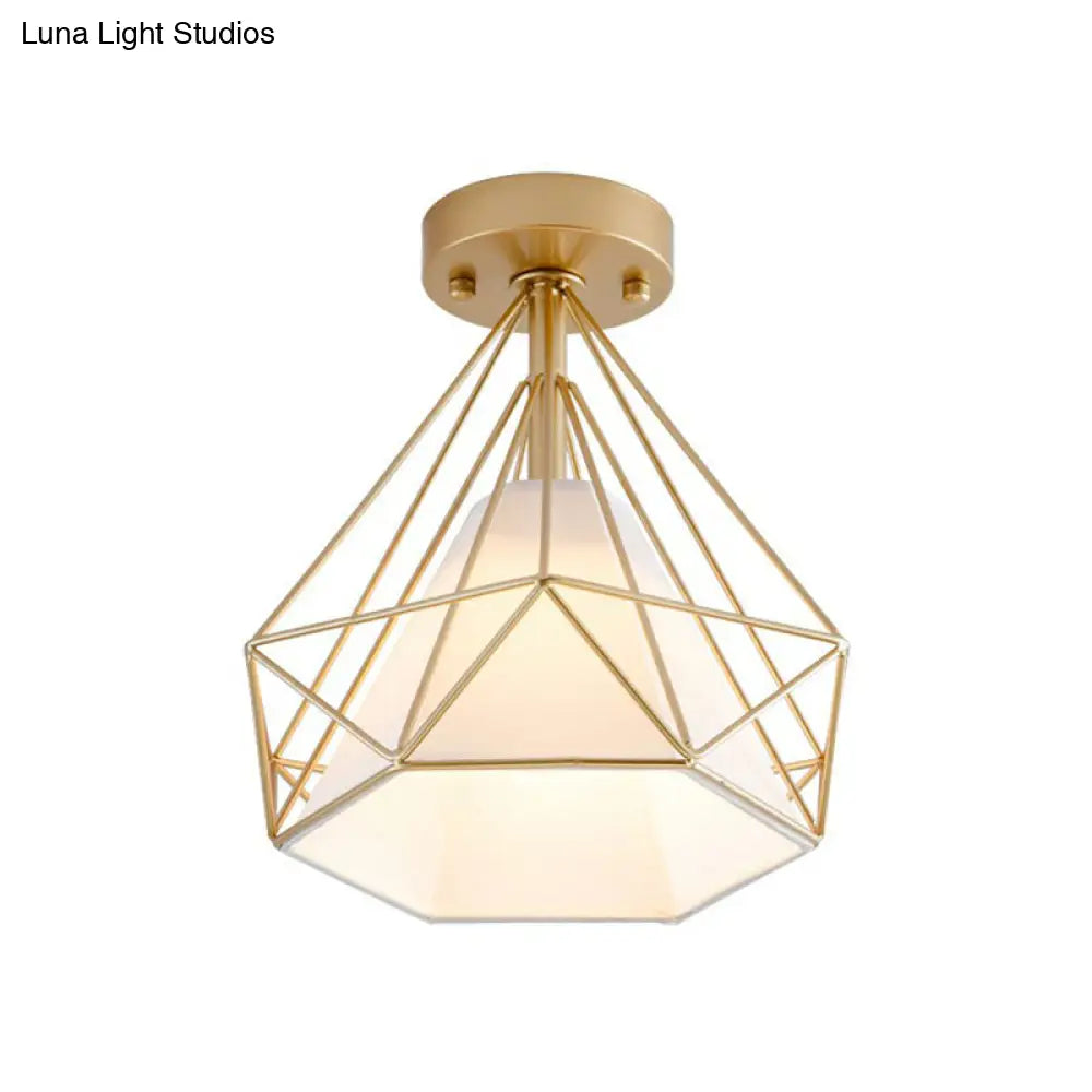 Sleek Iron Diamond Cage Semi Flush Ceiling Light Fixture – Ideal For Corridors And Simplicity -