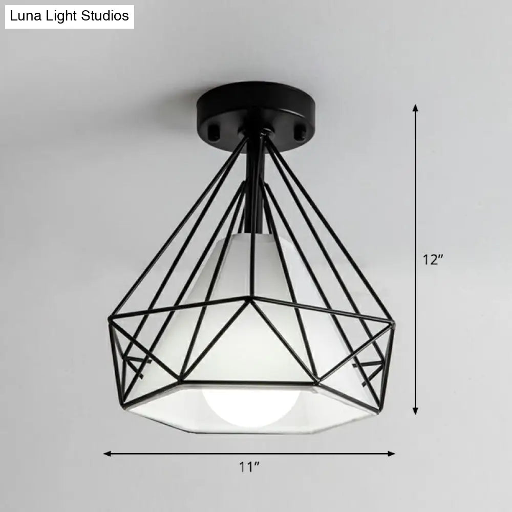 Sleek Iron Diamond Cage Semi Flush Ceiling Light Fixture – Ideal For Corridors And Simplicity -