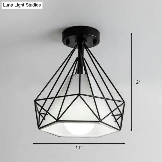 Sleek Iron Diamond Cage Semi Flush Ceiling Light Fixture – Ideal For Corridors And Simplicity -