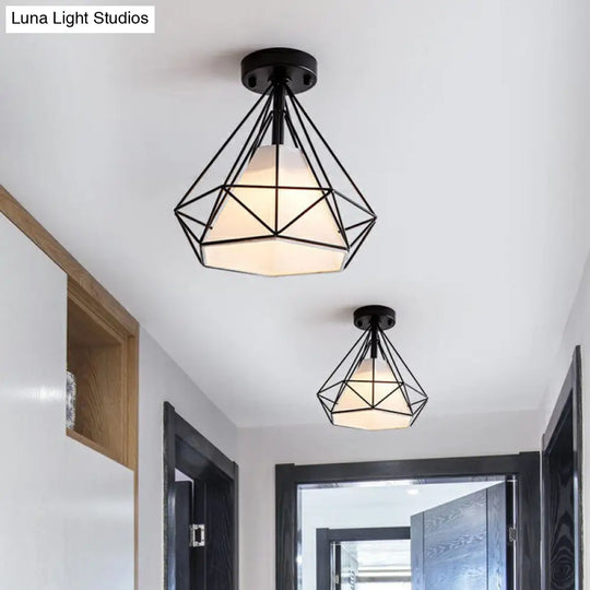 Sleek Iron Diamond Cage Semi Flush Ceiling Light Fixture Ideal For Corridors And Simplicity-Loving