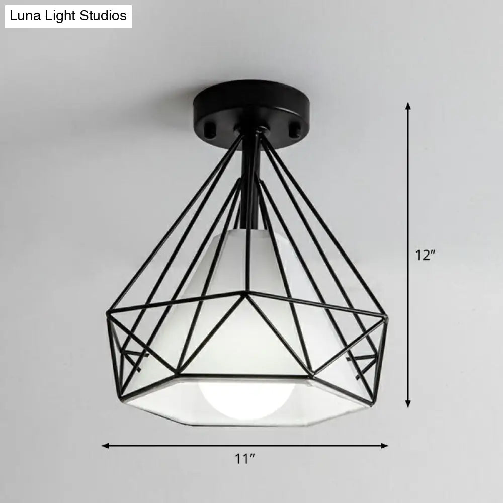 Sleek Iron Diamond Cage Semi Flush Ceiling Light Fixture Ideal For Corridors And Simplicity-Loving