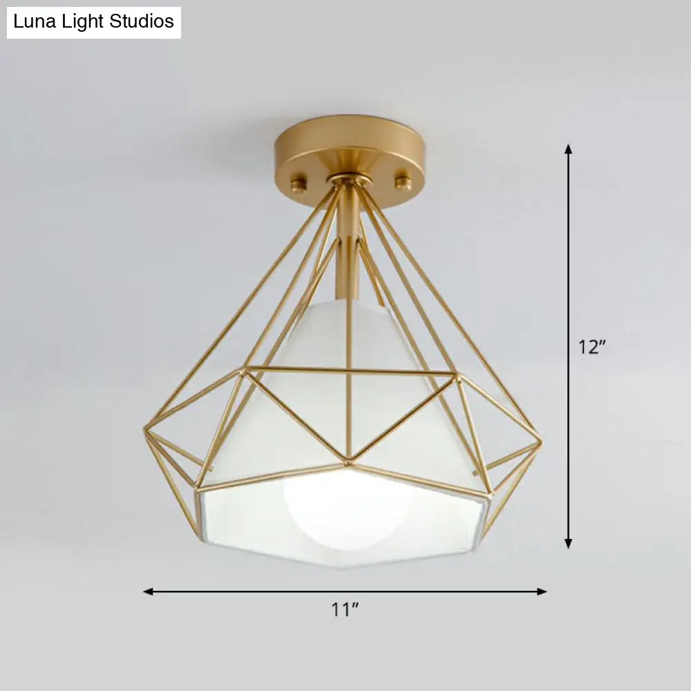 Sleek Iron Diamond Cage Semi Flush Ceiling Light Fixture – Ideal For Corridors And Simplicity -